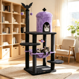 Gothic Multi-level Cat Tree 51'' with Spider Hanging Toy Black Halloween Theme Pet Supplies for Cats (Color: Purple & Black)